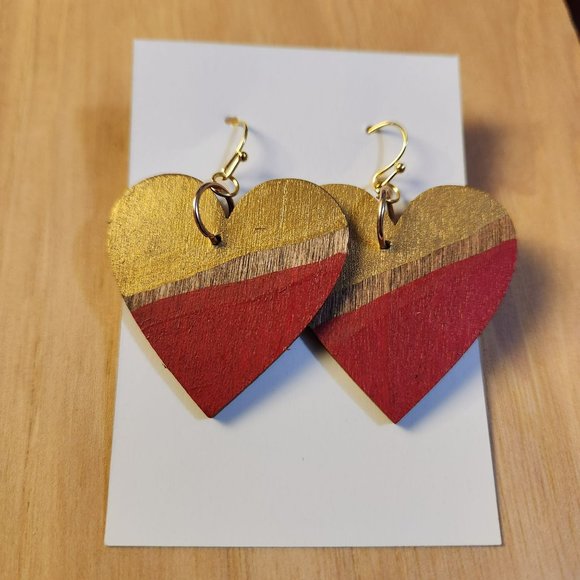 Earrings red gold heart wood - Picture 5 of 7